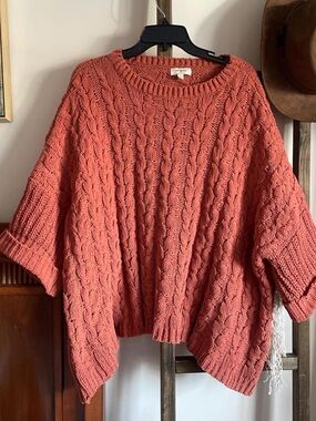 Umgee Coral Cable Knit Oversized Crew Sweater